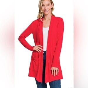 Zenana Premium Cardigan Red Large Slouch Pocket Jersey Knit Comfort‎ Stretch